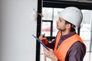 Sicherheitsinspektor mit Schutzhelm und Warnweste überprüft einen Bewegungsmelder an einer Wand und macht Notizen auf einem Klemmbrett.
