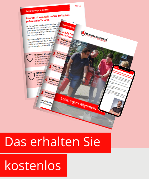 Kurse 6 Werbematerial von Brandschutz Nord mit Broschüren, Smartphone-Ansicht und dem Text „Das erhalten Sie kostenlos“.
